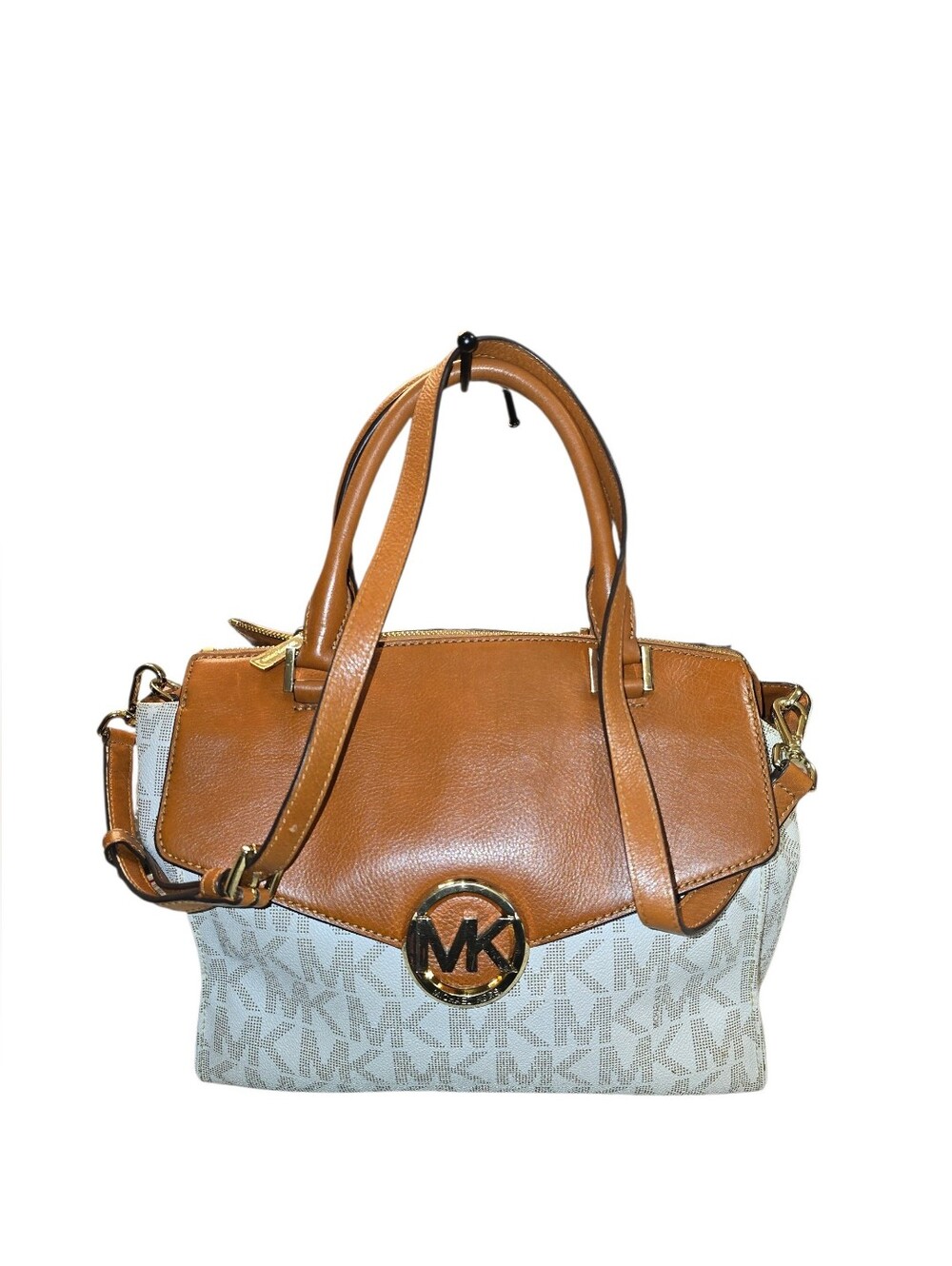 Michael Kors Tan Leather and Cream MK Logo Satchel with Gold Accents